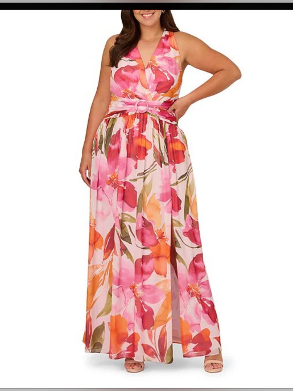 Adrianna Papell Pink and Orange Floral Halter Maxi Dress